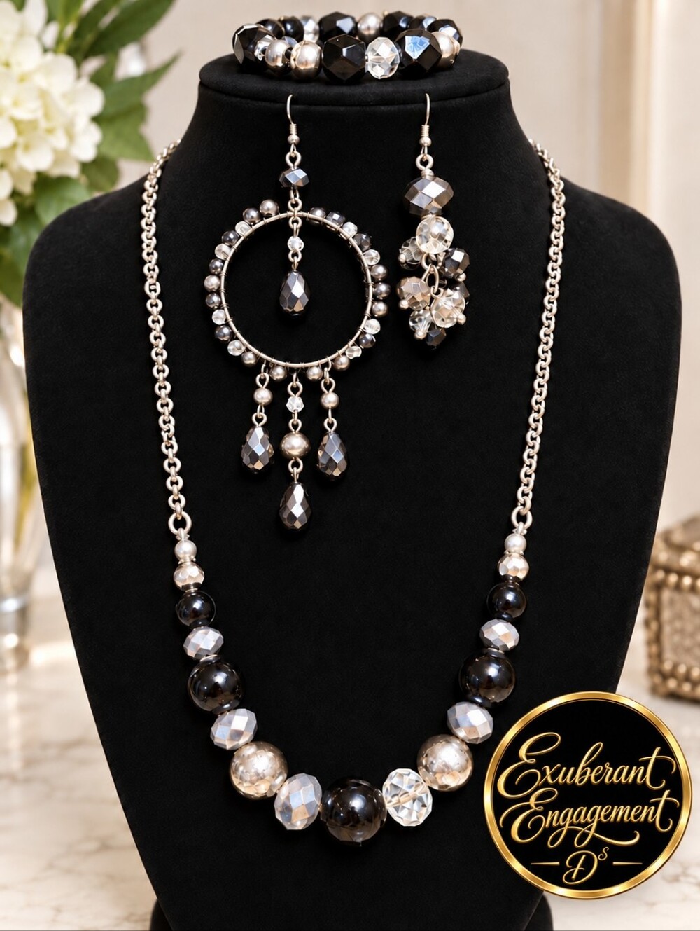 Elegant Beaded Statement Jewelry Set– Asymmetrical Earrings, Necklace & Bracelet